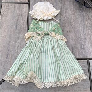 American Girl Green and White Doll Dress with Bonnet